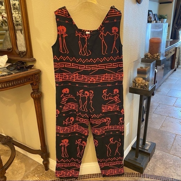 Vintage ACQUA VERDE Paris People Stick Graphic Jumpsuit -Small-Made in France - Picture 1 of 10